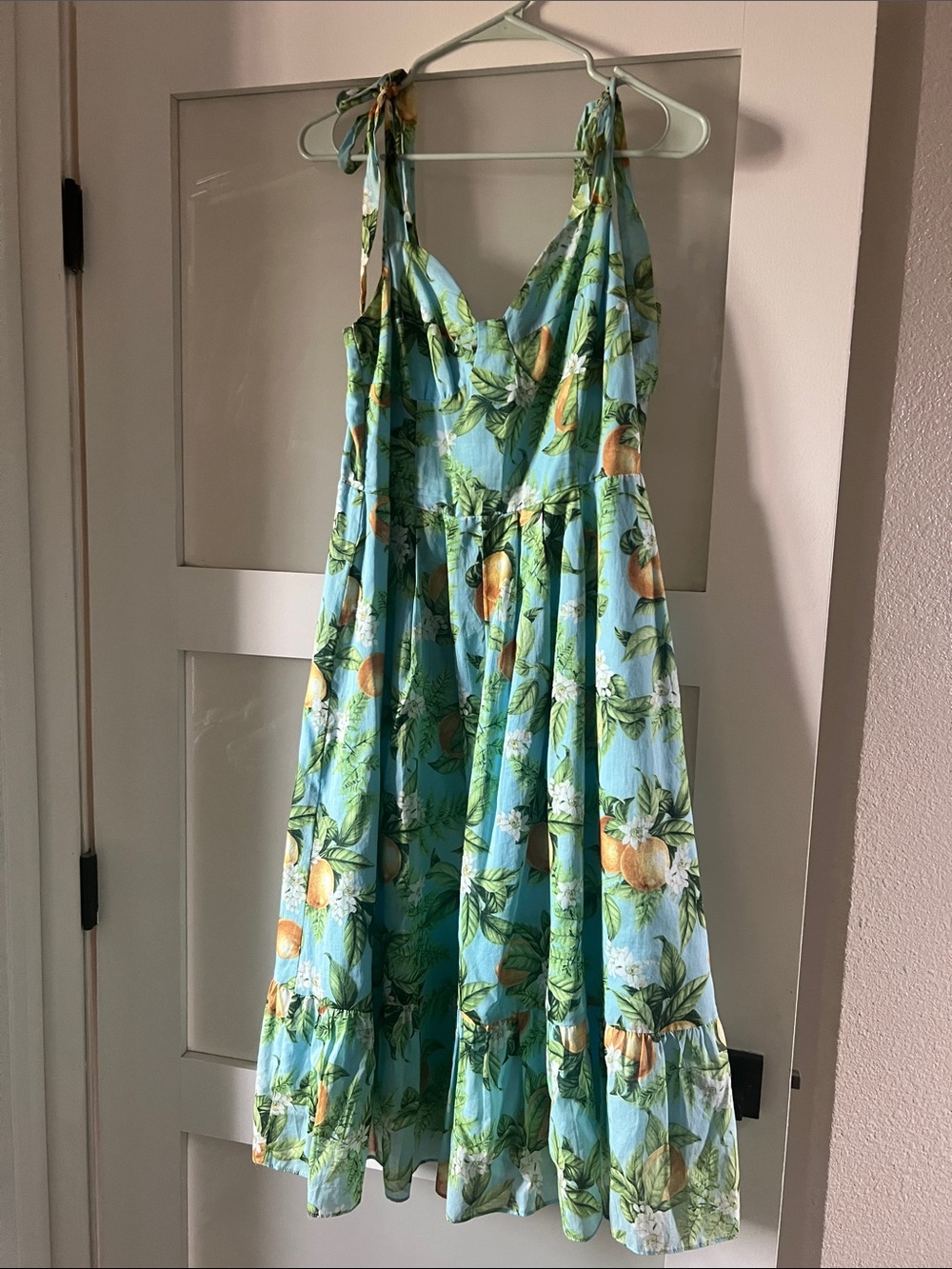 BB Dakota Light Blue Floral Midi Dress with Orange Fruit Print